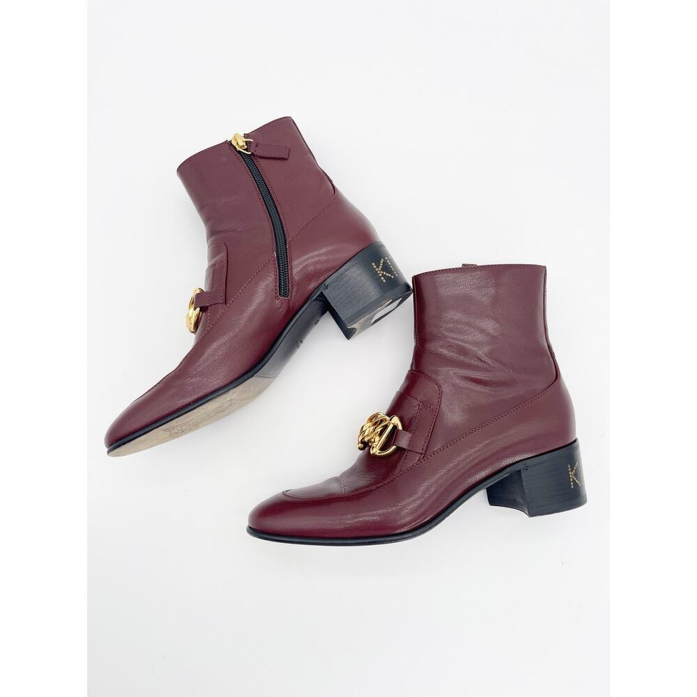 Gucci Burgundy Leather Chain Horsebit Kitten Block Heel Ankle Boots EU 37 - Picture 4 of 11